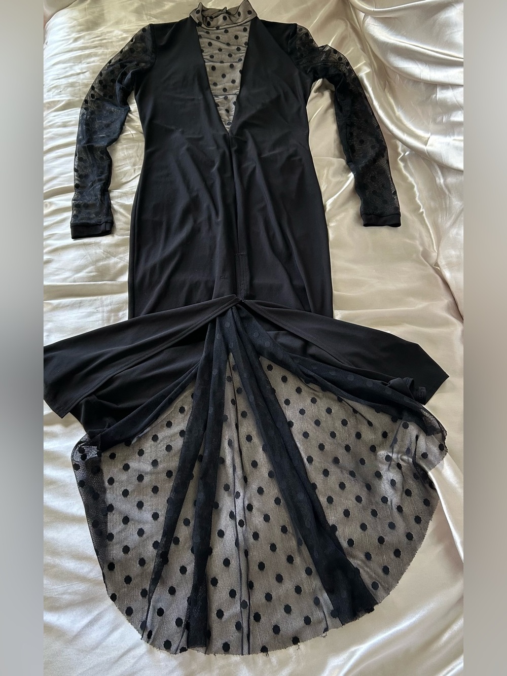 Black Polka Dot Mesh Long Sleeve Tango Dance Dress Size Small